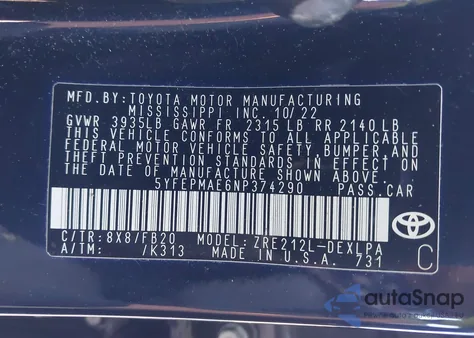 2022 Toyota Corolla Le z USA, uszkodzony, nr VIN 5YFEPMAE6NP374290